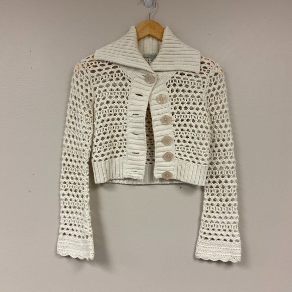 Vintage Sweaters - Intuitions Y2K Cream Crochet Button Front Cropped Cardigan Sweater Size XS